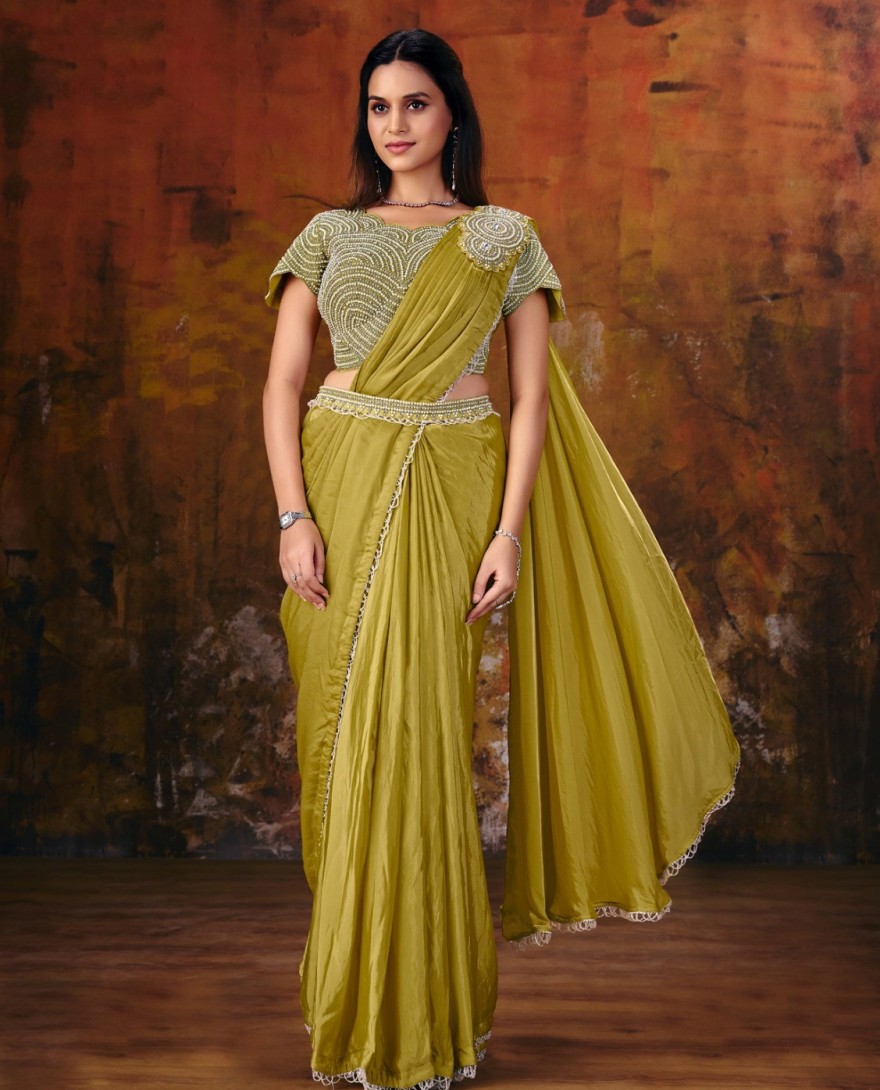 27116 - Yellow Embroidered Wedding Party Designer Saree